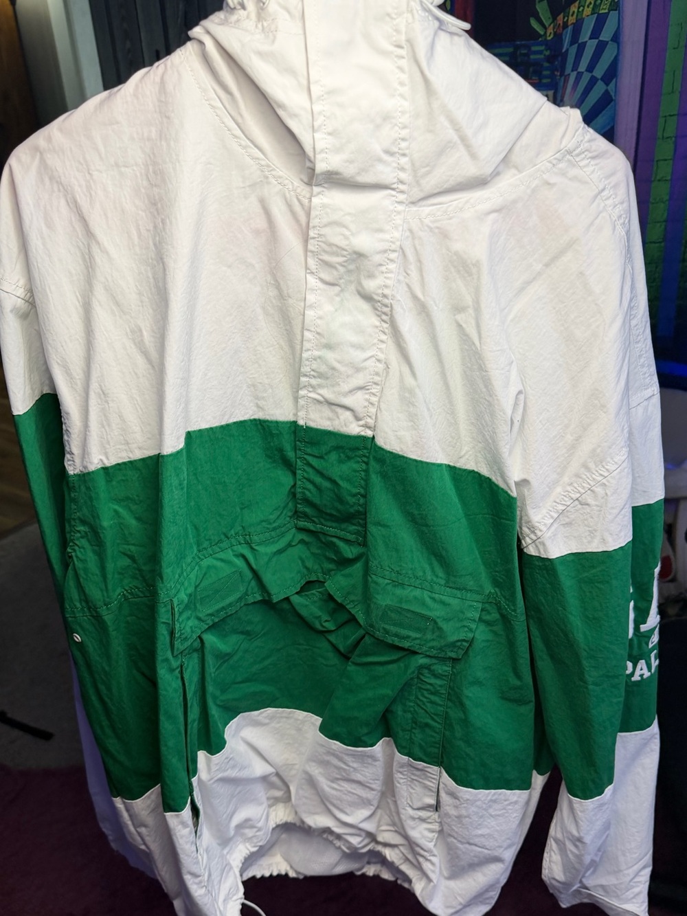 Men's Green & White Windbreaker Jacket - Lightweight Hooded Shell